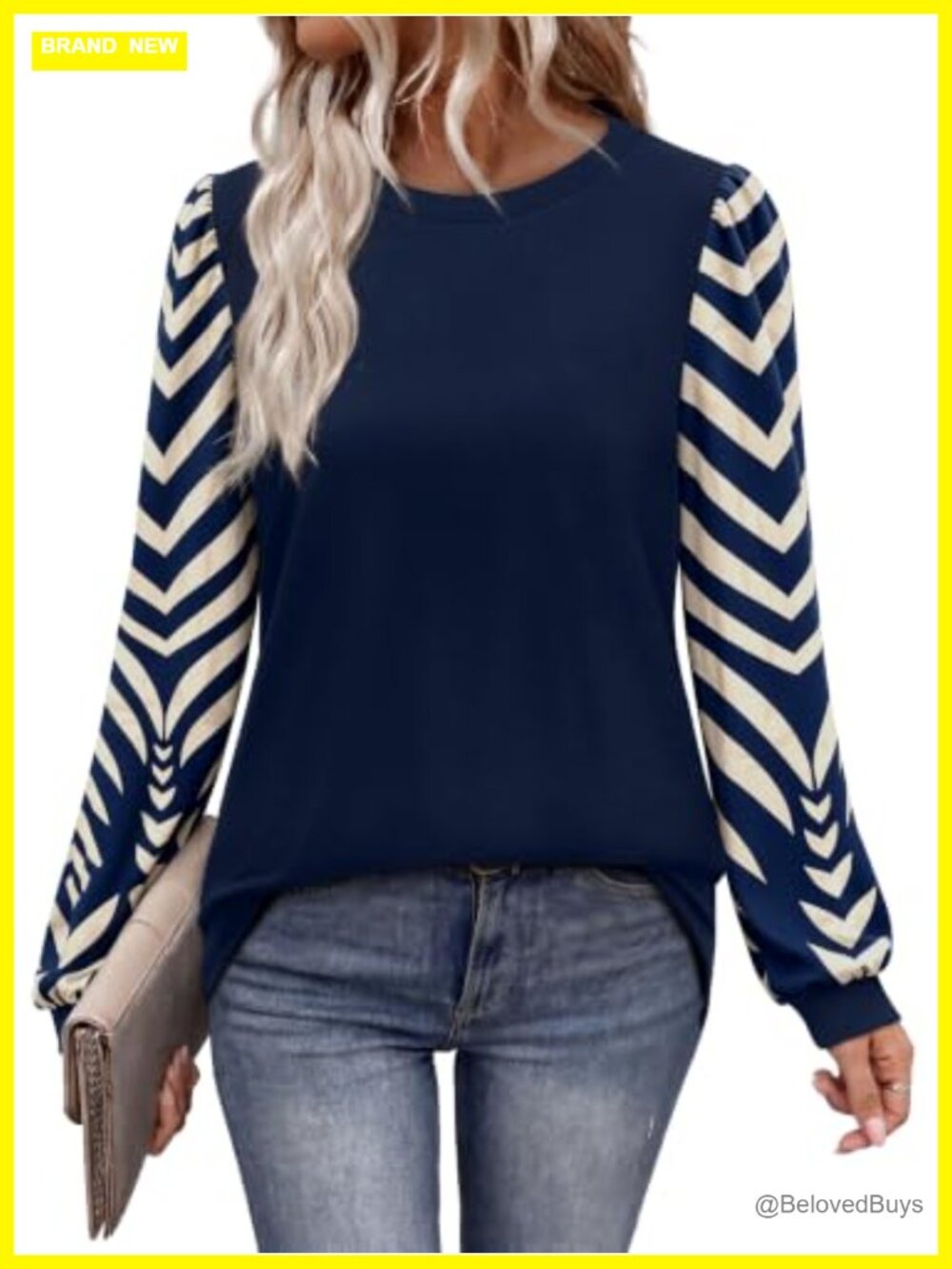 Womens Long Sleeve Tunic Top Color Block Puff Sleeve Fall Layering